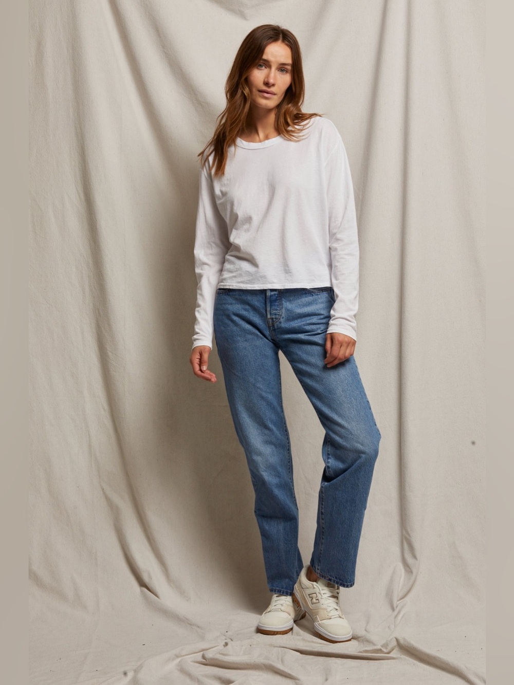 $164 Perfectwhitetee Axel Long Sleeve Cotton Boxy Crew Tee